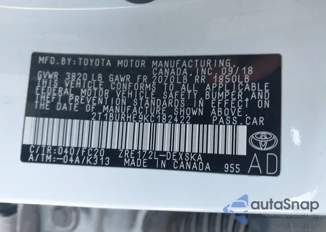 2019 Toyota Corolla Se z USA, uszkodzony, nr VIN 2T1BURHE9KC182422